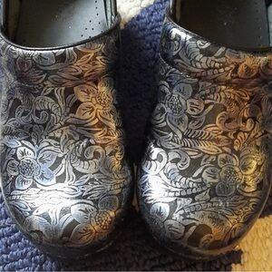 Beautiful Dansko Silver, Black, Blue Floral 37